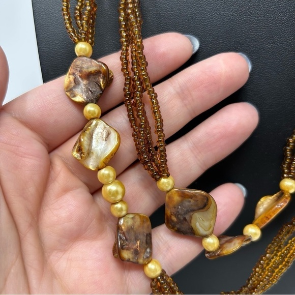 Yellow Amber Color Dyed Mother of Pearl Shell Layered Necklace Seed Beads 22.5" - Picture 3 of 10